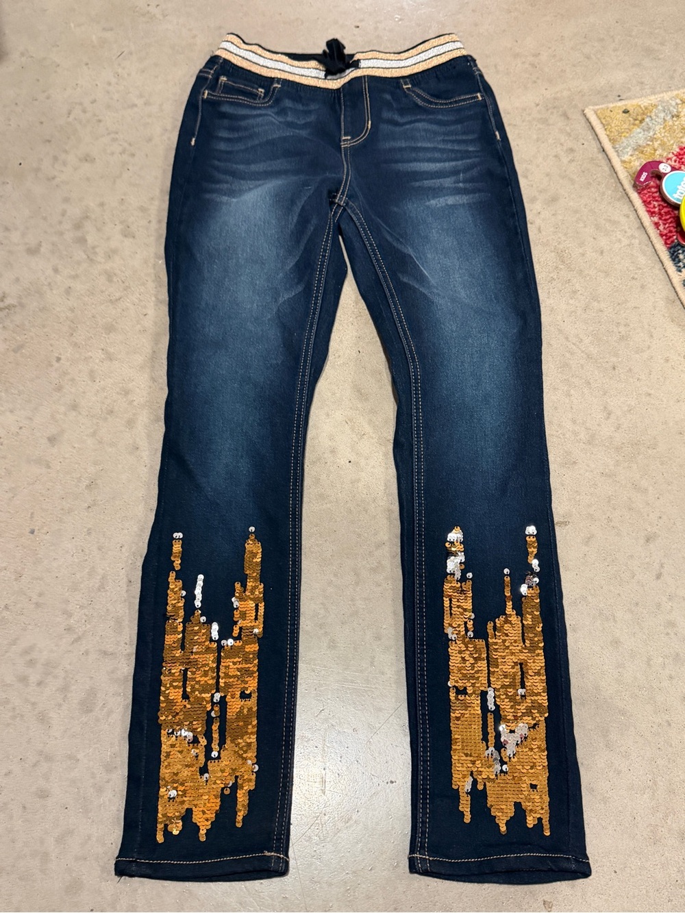 Dark Blue Jeans with Gold Sequin Accent